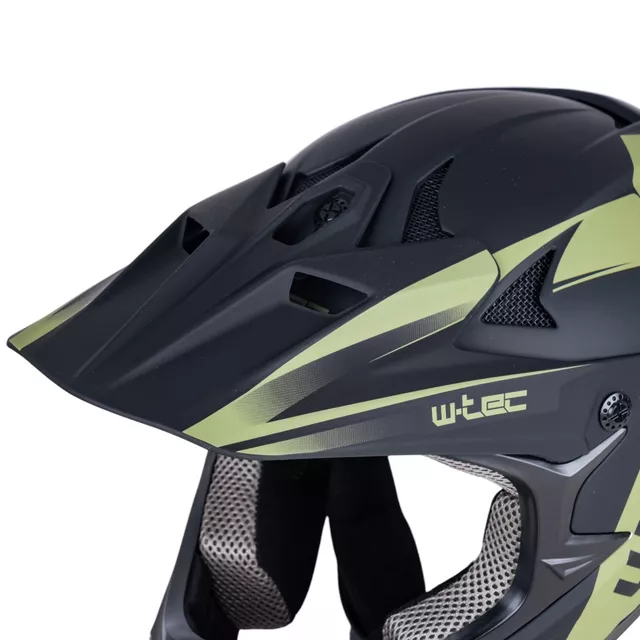 Kask downhillowy W-TEC Richpike ∙ full face ∙ 14 otworów wentylacyjnych ∙ regulowany daszek ∙ skorupa ABS ∙ lekki ∙ podwójne zapięcie - Moss Forest