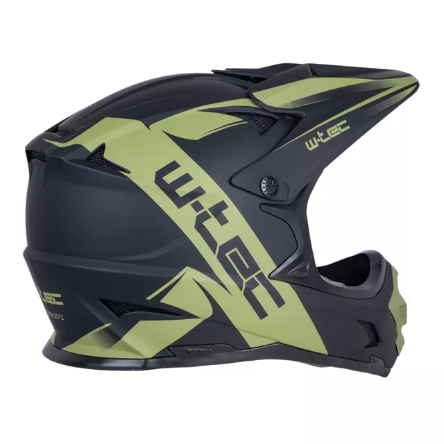 Kask downhillowy W-TEC Richpike ∙ full face ∙ 14 otworów wentylacyjnych ∙ regulowany daszek ∙ skorupa ABS ∙ lekki ∙ podwójne zapięcie - Moss Forest