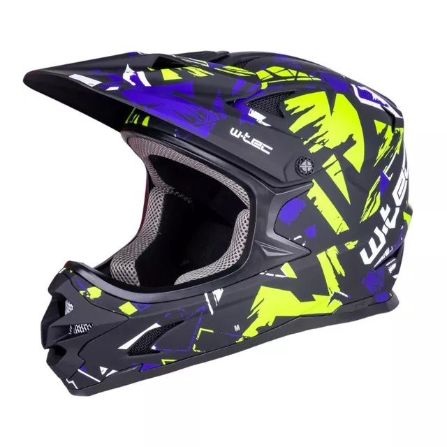 Kask downhillowy W-TEC Richpike ∙ full face ∙ 14 otworów wentylacyjnych ∙ regulowany daszek ∙ skorupa ABS ∙ lekki ∙ podwójne zapięcie - Moss Forest - Green & Blue Madness