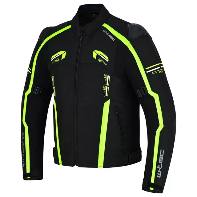 Męska kurtka motocyklowa W-TEC Tonkawo ∙ wypinana podpinka ∙ ochraniacze CE ∙ slidery karbonowe ∙ garb aerodynamiczny ∙ wodoodporna - Czarny-fluo