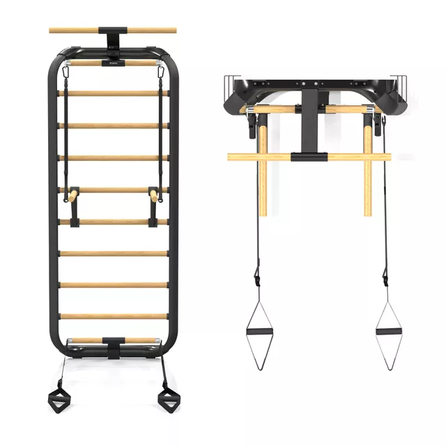 Wielofunkcyjna drabinka gimnastyczna inSPORTline Wootkit 220×86 cm ∙ 8 szczebli ∙ nośność 150 kg ∙ stal/drewno bukowe ∙ drążek ∙ akcesoria - Czarny