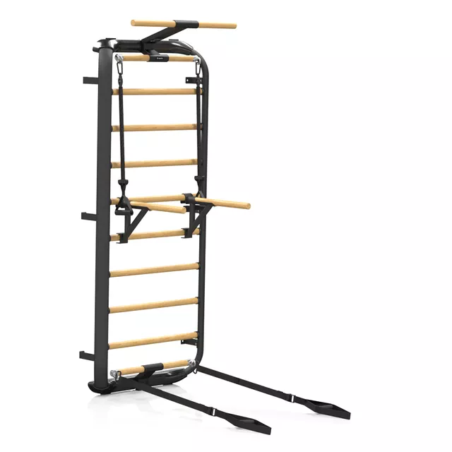 Wielofunkcyjna drabinka gimnastyczna inSPORTline Wootkit 220×86 cm ∙ 8 szczebli ∙ nośność 150 kg ∙ stal/drewno bukowe ∙ drążek ∙ akcesoria - Czarny