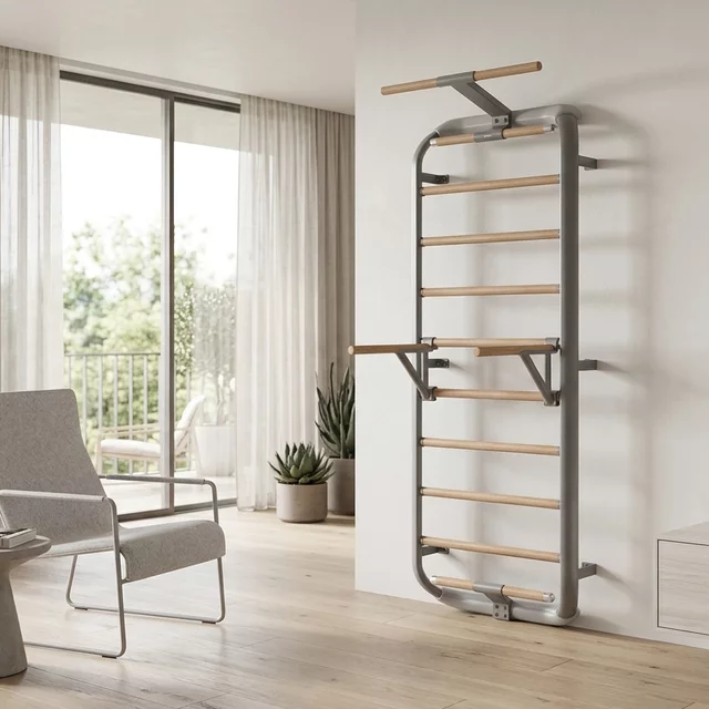 Wielofunkcyjna drabinka gimnastyczna inSPORTline Wootkit 220×86 cm ∙ 8 szczebli ∙ nośność 150 kg ∙ stal/drewno bukowe ∙ drążek ∙ akcesoria - Czarny