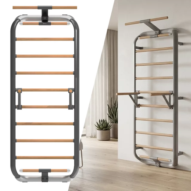 Wielofunkcyjna drabinka gimnastyczna inSPORTline Wootkit 220×86 cm ∙ 8 szczebli ∙ nośność 150 kg ∙ stal/drewno bukowe ∙ drążek ∙ akcesoria - Czarny - Szary
