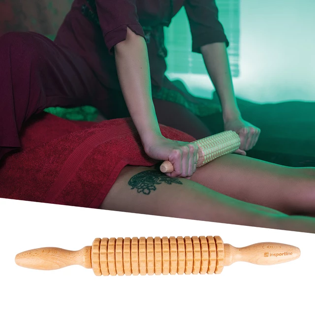 Drewniany wałek/roller do masażu inSPORTline Marlee 600 ∙ zębata powierzchnia ∙ uchwyty ergonomiczne ∙ drenaż limfatyczny