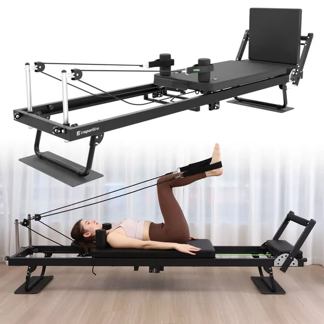Reformer inSPORTline Auraler do pilatesu ∙ podwójny opór sprężynowy ∙ max wysokość 200 cm ∙ solidna konstrukcja ∙ podłokietniki regulowane ∙ składany