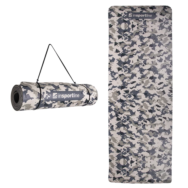 Mata fitness inSPORTline Camu 173×61×0,4 cm ∙ brązowy kamuflaż ∙ z TPE ∙ stabilna i miękka ∙ waga 520 g ∙ do jogi i pilatesu ∙ pasek - Szary kamuflaż