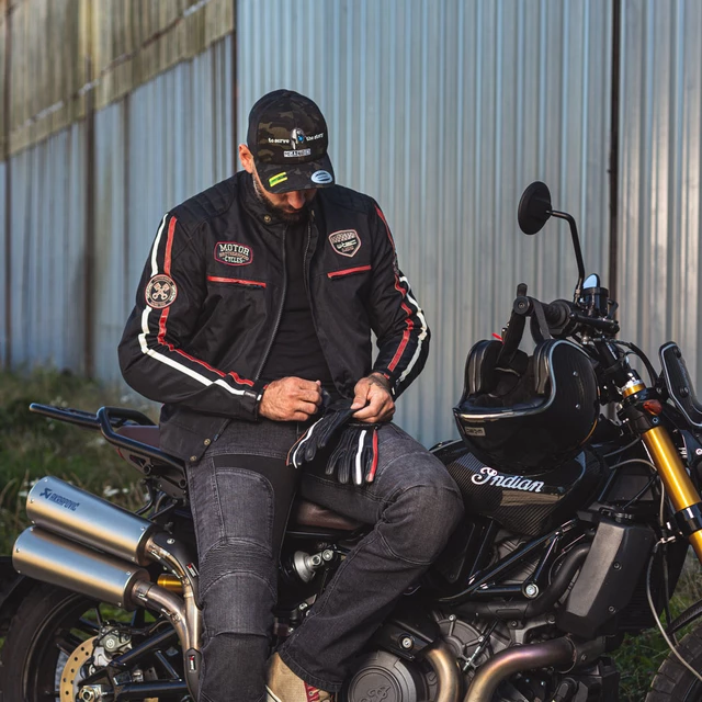 Klasyczne rękawice motocyklowe W-TEC Classic - Jawa czarna z czerwono-białym paskiem