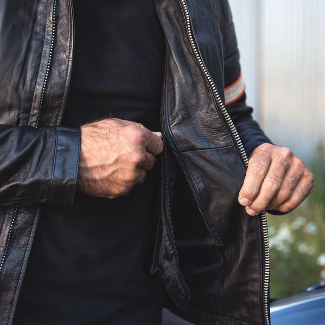 Męska skórzana kurtka motocyklowa W-TEC Hellsto - czarny z beżowo-pomarańczowym paskiem