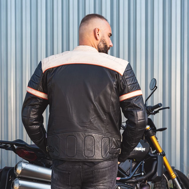 Męska skórzana kurtka motocyklowa W-TEC Hellsto - czarny z beżowo-pomarańczowym paskiem