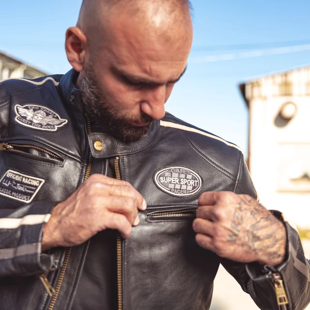 Męska skórzana kurtka motocyklowa W-TEC Makso - czarny z naszywkami