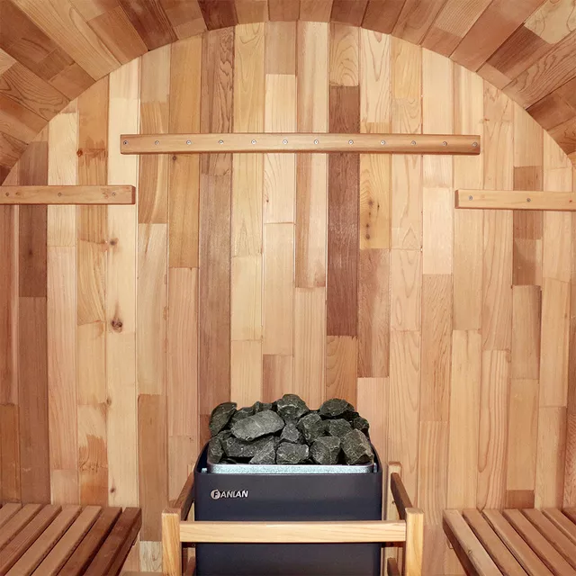 Beczkowa sauna ogrodowa inSPORTline Viduor 300 ∙ zewnętrzna z werandą ∙ dla 3 osób ∙ cedrowe drewno ∙ zestaw akcesoriów ∙ moc 6 kW