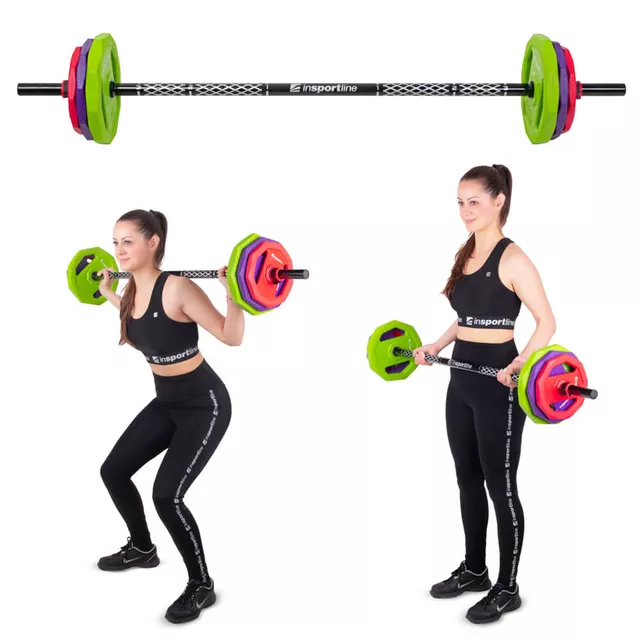 Zestaw sztanga + obciążniki inSPORTline Pumpino ∙ 4-19 kg ∙ gumowane obciążniki ∙ stalowy gryf 140 cm
