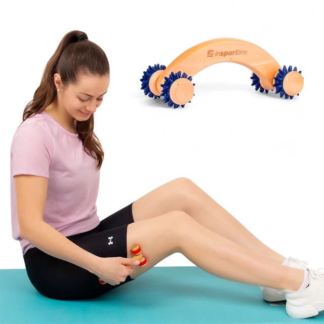 Drewniany masażer całego ciała inSPORTline Kerung ∙ 4 rolki z wypustkami ∙ długość 16 cm ∙ drewno wiśniowe - Niebieski