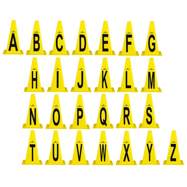Pachołki treningowe inSPORTline Alfabet ∙ zestaw 26 szt. ∙ plastikowe z literami A-Z ∙ wys. 23 cm ∙ do ćwiczeń szybkościowych