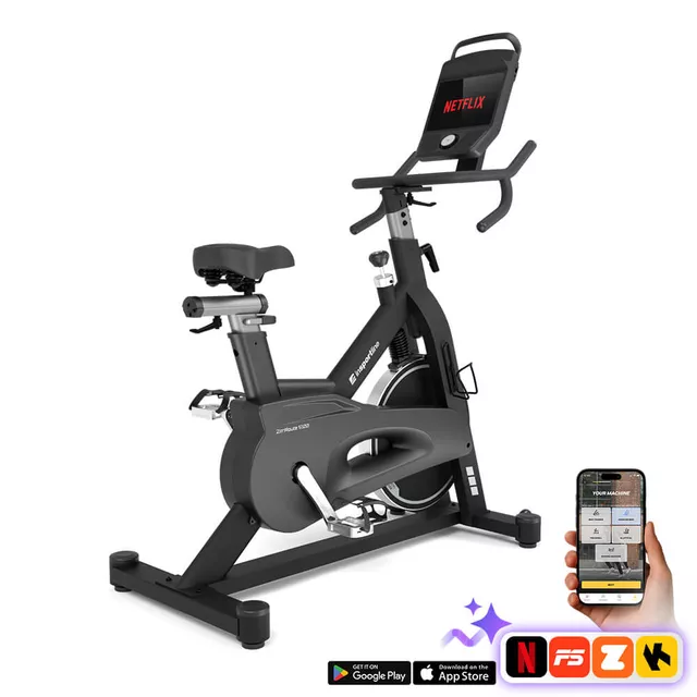 Rower spinningowy inSPORTline ZenRoute 1200 ∙ 22 kg koło zamachowe ∙ nośność 150 kg ∙ 32 poziomy obciążenia ∙ ekran 10,1" z Netflix
