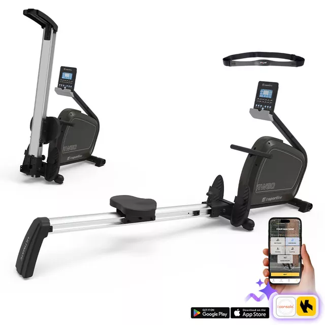 Wioślarz magnetyczny inSPORTline RW60 ∙ składany ∙ program HRC ∙ 16 stopni obciążenia ∙ Bluetooth ∙ aplikacje treningowe - Czarny