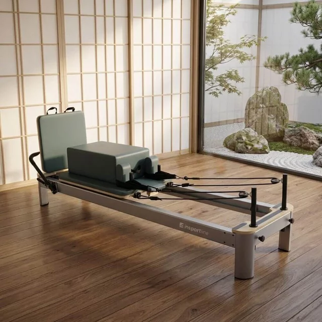 Reformer do pilatesu inSPORTline Oquiler ∙ system sprężynowy ∙ nośność 150 kg ∙ rama aluminiowa ∙ box w zestawie - Zielony-niebieski