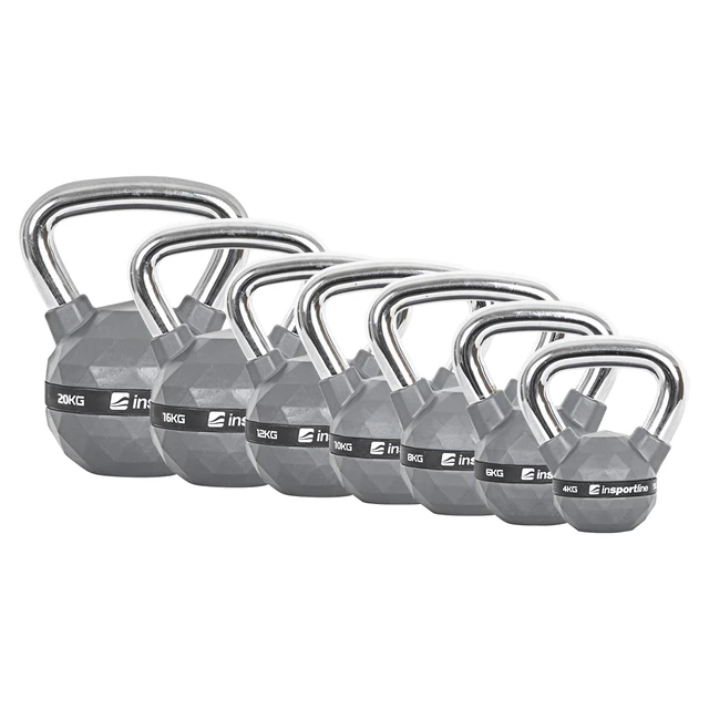 Hantle gumowane inSPORTline Ketlebel PU 2-20 kg ∙ powłoka poliuretanowa ∙ chromowany uchwyt ∙ płaska podstawa