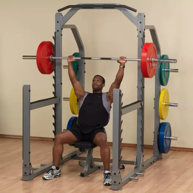 Wielofunkcyjny stojak treningowy pod sztangę Body-Solid SMR1000 ∙ heavy-duty rack ∙ haki bezpieczeństwa ∙ drążek górny