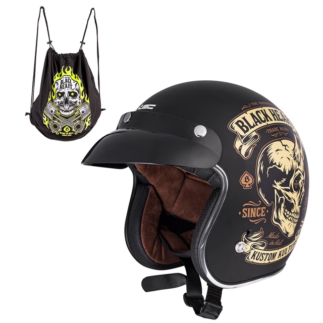 Kask motocyklowy otwarty chopper W-TEC Black Heart Kustom - Skull Horn, matowy czarny - Skull Horn, matowy czarny