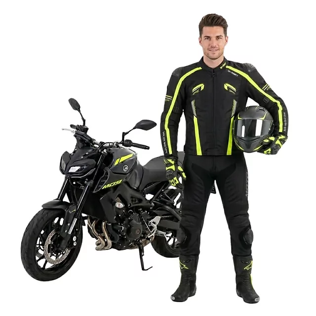 Męska kurtka motocyklowa W-TEC Tonkawo ∙ wypinana podpinka ∙ ochraniacze CE ∙ slidery karbonowe ∙ garb aerodynamiczny ∙ wodoodporna - Czarny-fluo