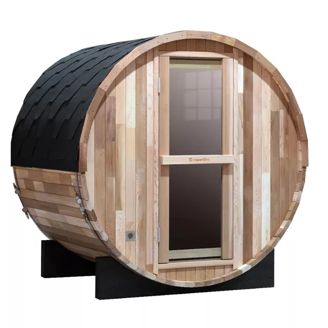 Beczkowa sauna ogrodowa inSPORTline Viduor 300 ∙ zewnętrzna z werandą ∙ dla 3 osób ∙ cedrowe drewno ∙ zestaw akcesoriów ∙ moc 6 kW