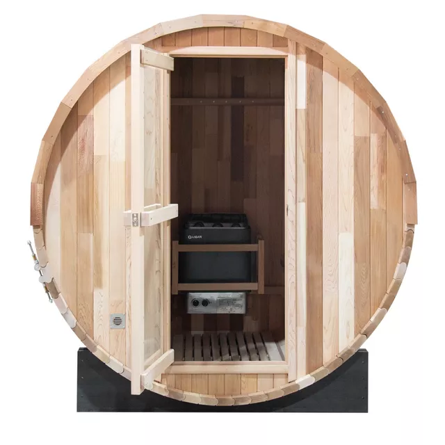 Beczkowa sauna ogrodowa inSPORTline Viduor 300 ∙ zewnętrzna z werandą ∙ dla 3 osób ∙ cedrowe drewno ∙ zestaw akcesoriów ∙ moc 6 kW