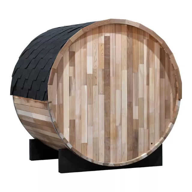 Beczkowa sauna ogrodowa inSPORTline Viduor 300 ∙ zewnętrzna z werandą ∙ dla 3 osób ∙ cedrowe drewno ∙ zestaw akcesoriów ∙ moc 6 kW