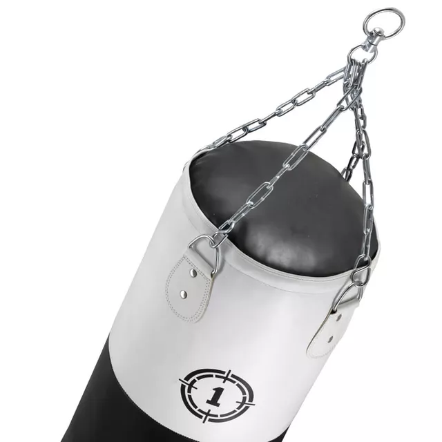 Worek bokserski treningowy inSPORTline Robkin 180x35cm ∙ waga 50 kg ∙ skóra syntetyczna ∙ z łańcuchami - Czarno-biały