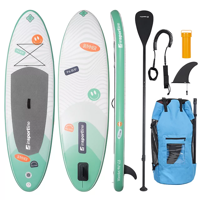 Paddleboard z akcesoriami deska SUP inSPORTline Wavelet 9'6" - Niebieski - Zielony
