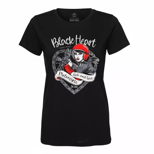 Koszulka damska Black Heart Bike Girl ∙ bawełna ∙ nadruk motocyklowy ∙ krótki rękaw ∙ okrągły dekolt - Czarny - Czarny
