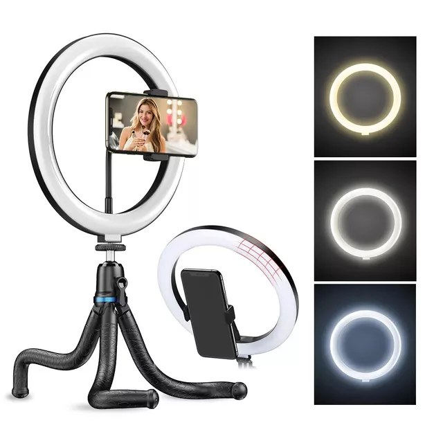 Lampa pierścieniowa LED Apexel ∙ elastyczny statyw ∙ uchwyt na telefon ∙ 3 tryby barwy ∙ 6 poziomów jasności