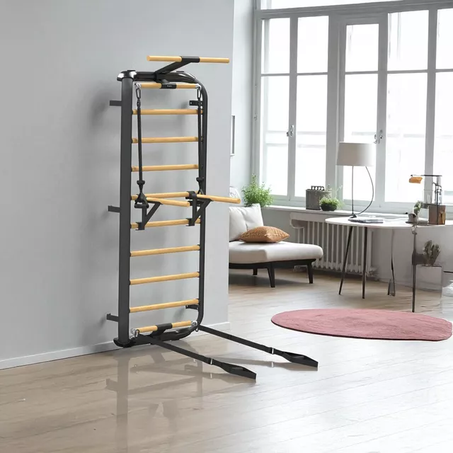 Wielofunkcyjna drabinka gimnastyczna inSPORTline Wootkit 220×86 cm ∙ 8 szczebli ∙ nośność 150 kg ∙ stal/drewno bukowe ∙ drążek ∙ akcesoria - Czarny