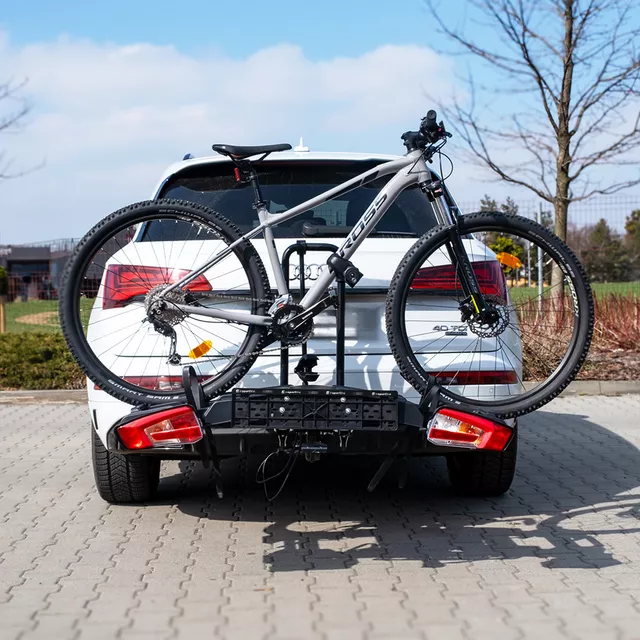 Bagażnik rowerowy na hak inSPORTline Trekan 2 Elektro ∙ na 2 rowery ∙ do e-bike ∙ nośność 60 kg ∙ odchylany ∙ platforma