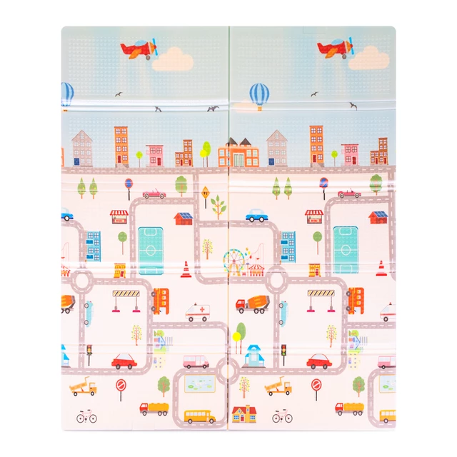 Składana mata dla dziecka inSPORTline Michlino 180x160x1,2 cm ∙ z motywem ∙ pianka XPE ∙ antypoślizgowa ∙ certyfikat EN 71 ∙ torba w zestawie - Miasto/Wieloryby